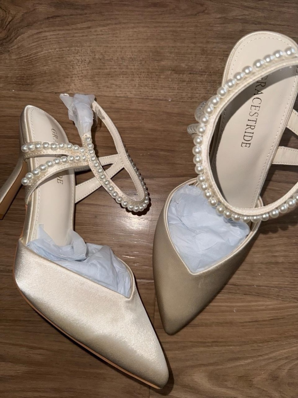 Brand new with box Cream satin heels with pearl straps